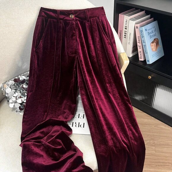 Burgundy Casual Women's Elegant Velvet Pants - Picture 1 of 5